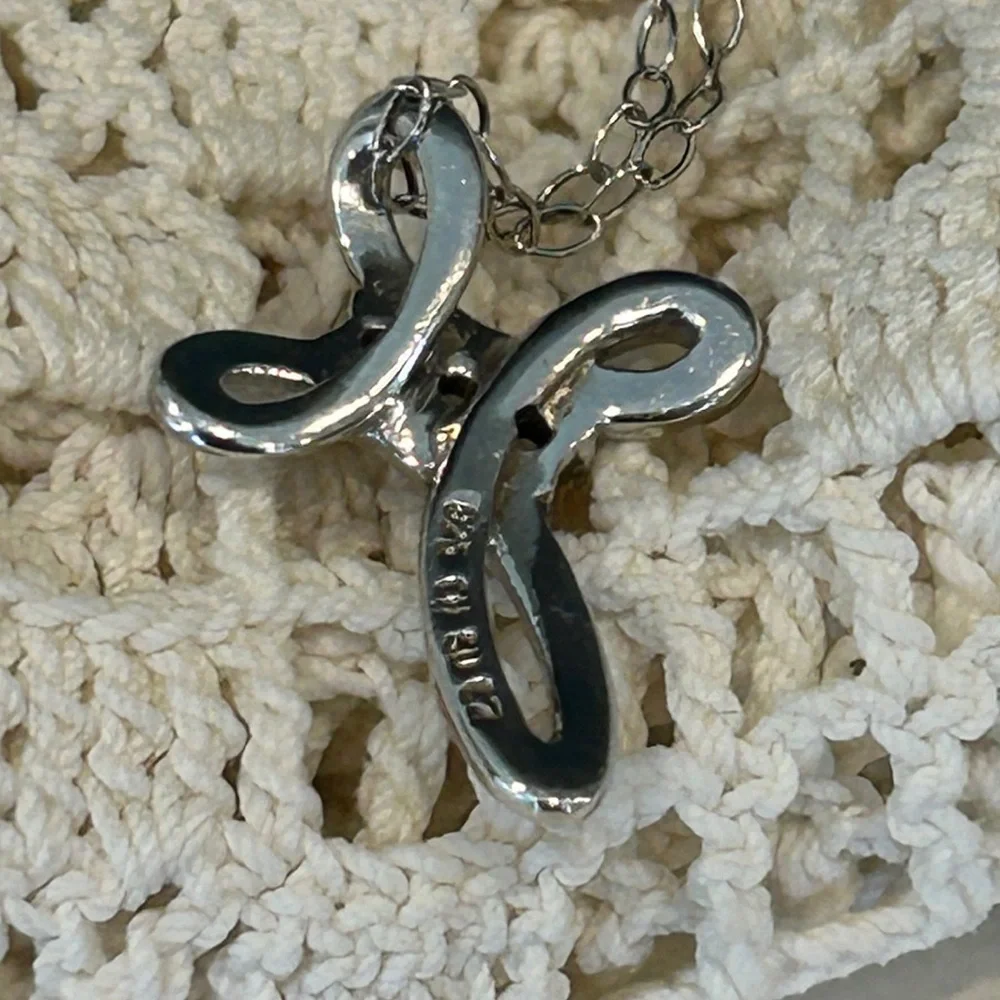 Sterling Silver Cross Necklace Ribbon Pendant with Crystals Stamped 925 CZ - Picture 9 of 13